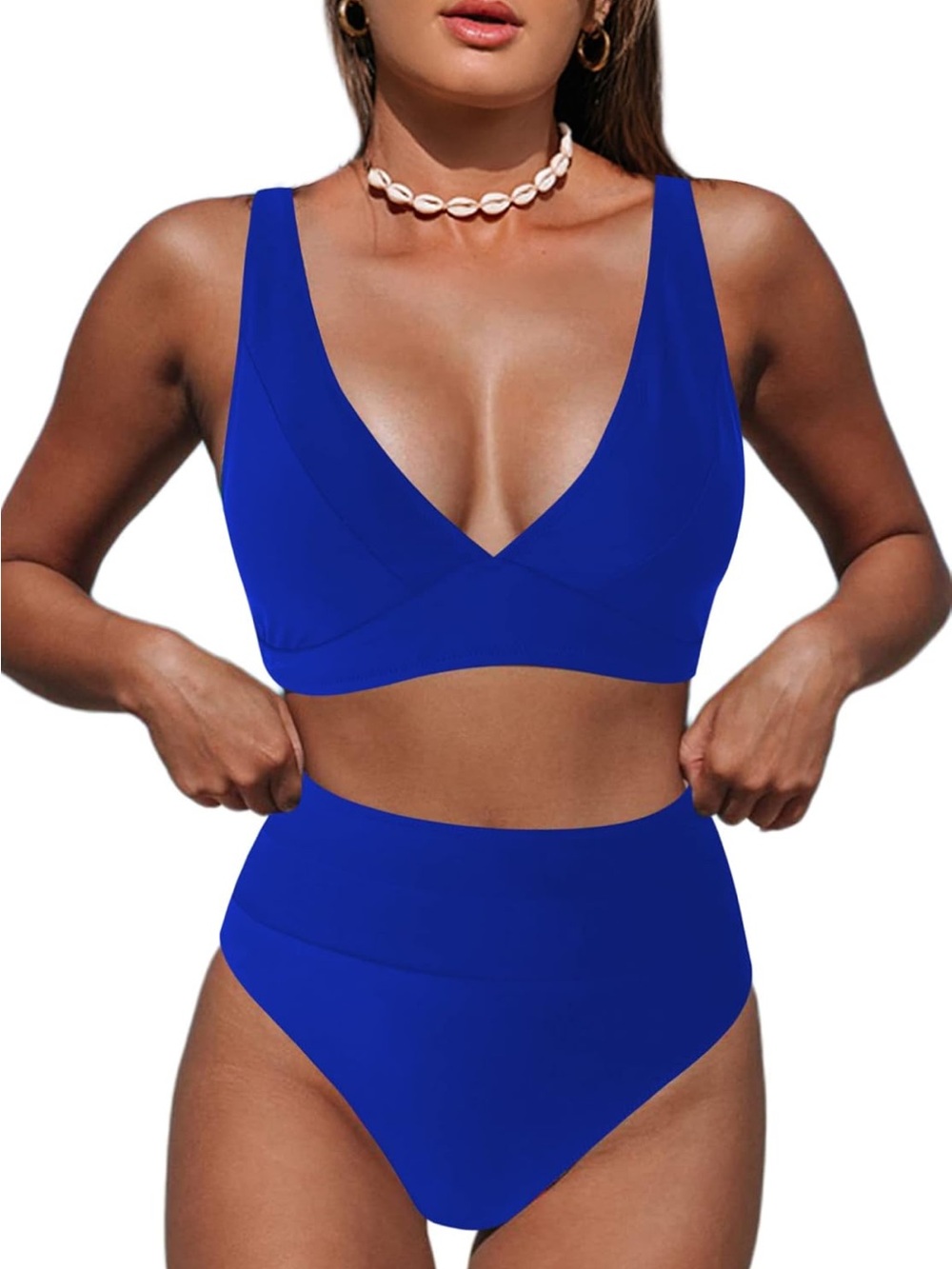 High-Waist V-Neck Bikini Set in Royal Blue